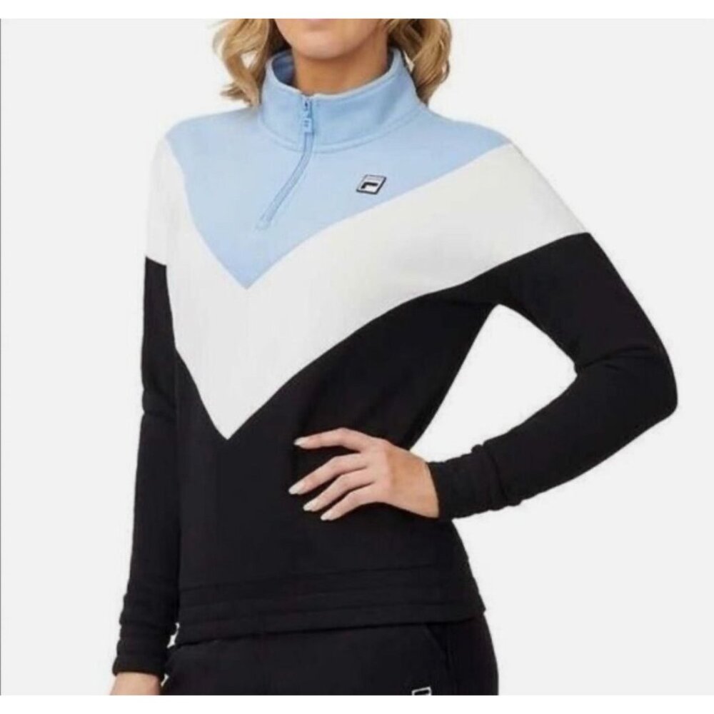 Fila Women Sweatshirt Large Chevron ¼ Zip Long Sleeve Blue Black White - Picture 1 of 7